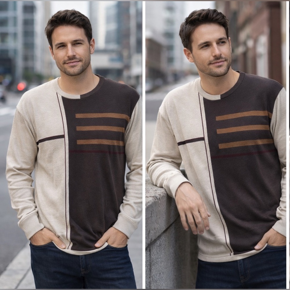 Claiborne Colorblock Sweater Men’s Beige Brown Long Sleeve Modern Geometric Sz L